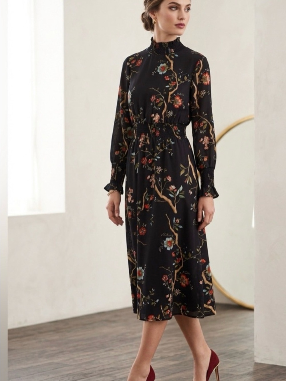 Nanette Lapore  Smocked floral high neck Midi dress